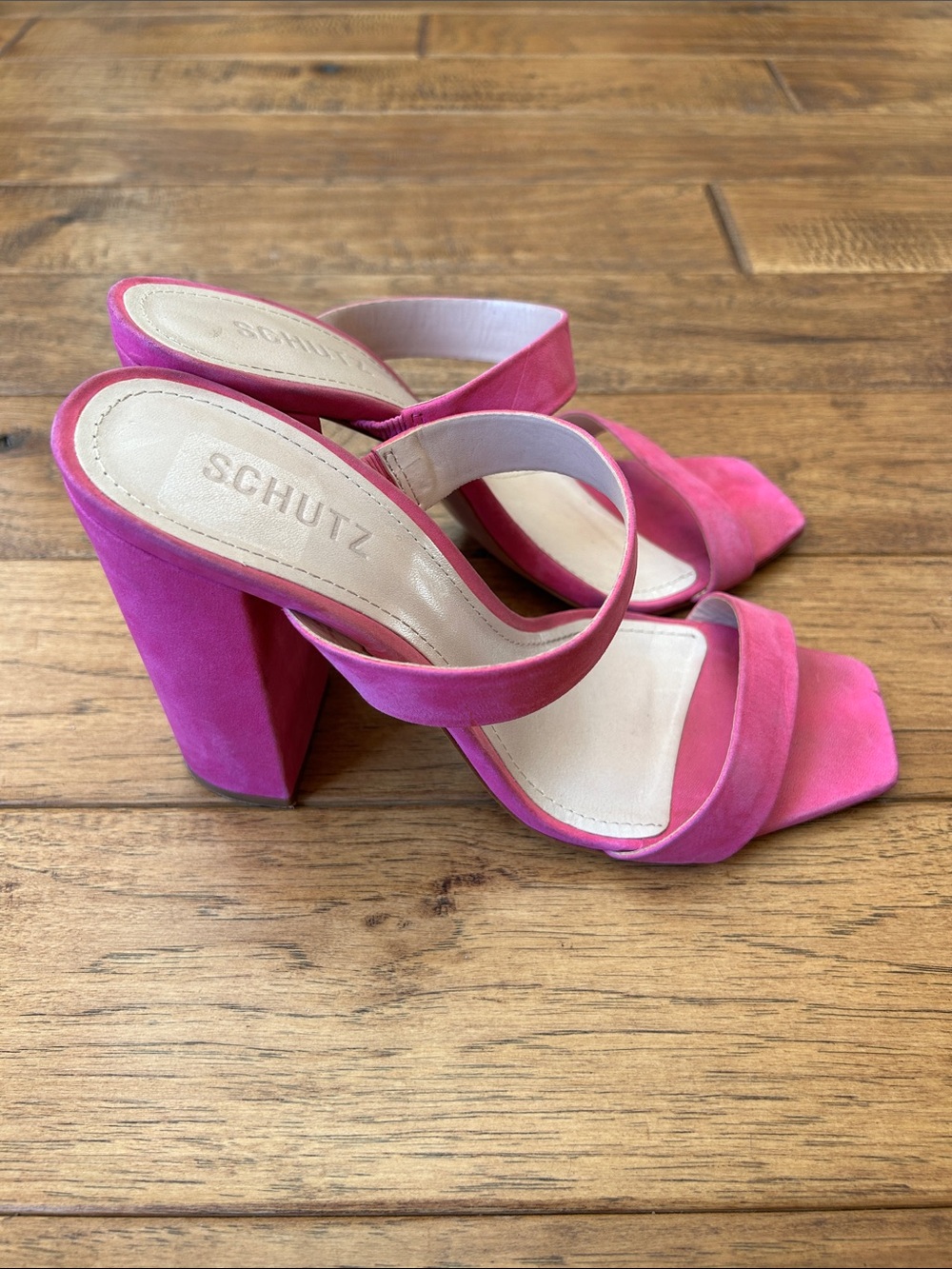 Schutz Maribel Block Heel Sandals Rosa Vibrant Pink Nubuck Leather Size 8